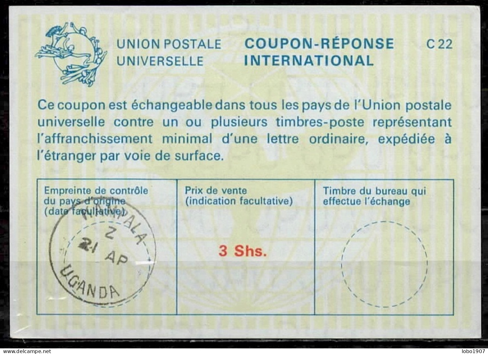 OUGANDA UGANDA  La22A  3 Shs.  International Reply Coupon Reponse Antwortschein IRC IAS O KAMPALA UGANDA 21.04. W/o Year - Kenya, Uganda & Tanganyika