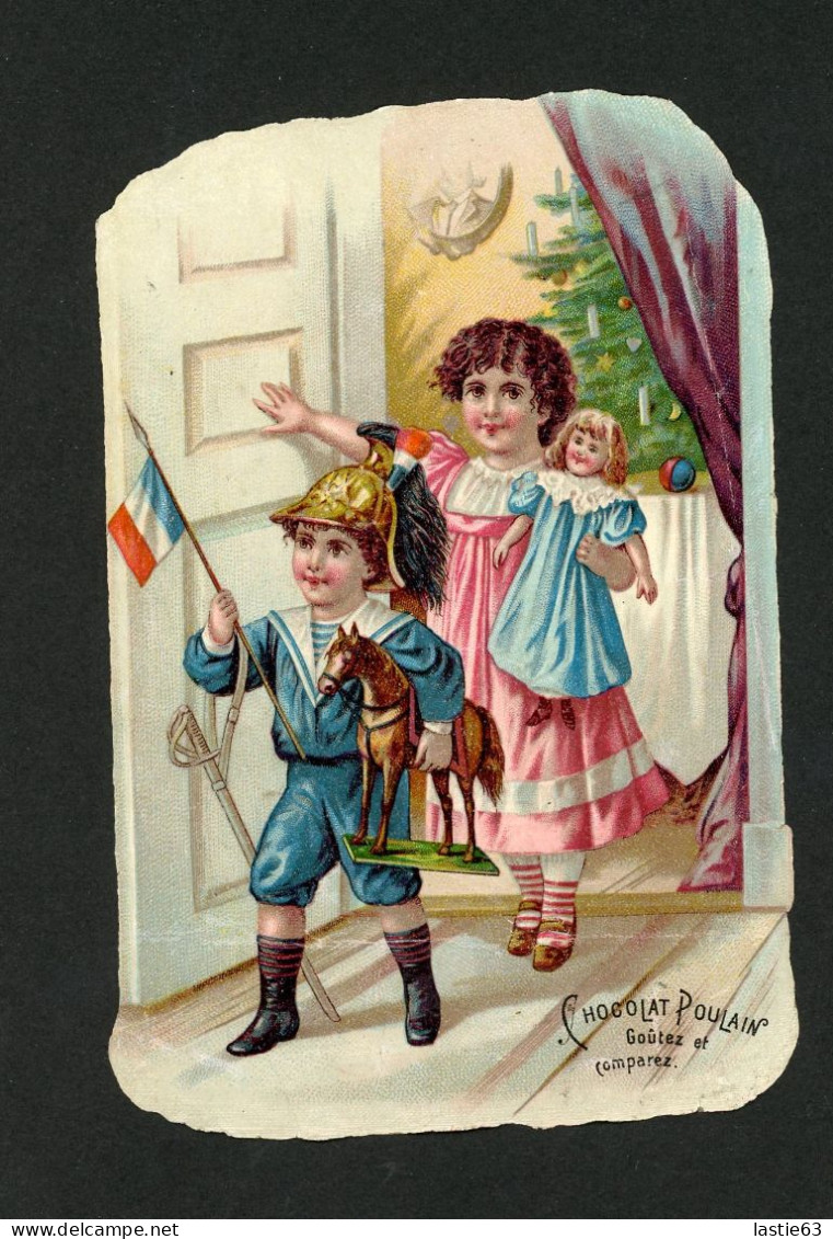 Chromo Découpi Chocolat Poulain  Enfants Jouets De Noël Poupée Sapin  14 X 9,5 Cm - Kerstmotief