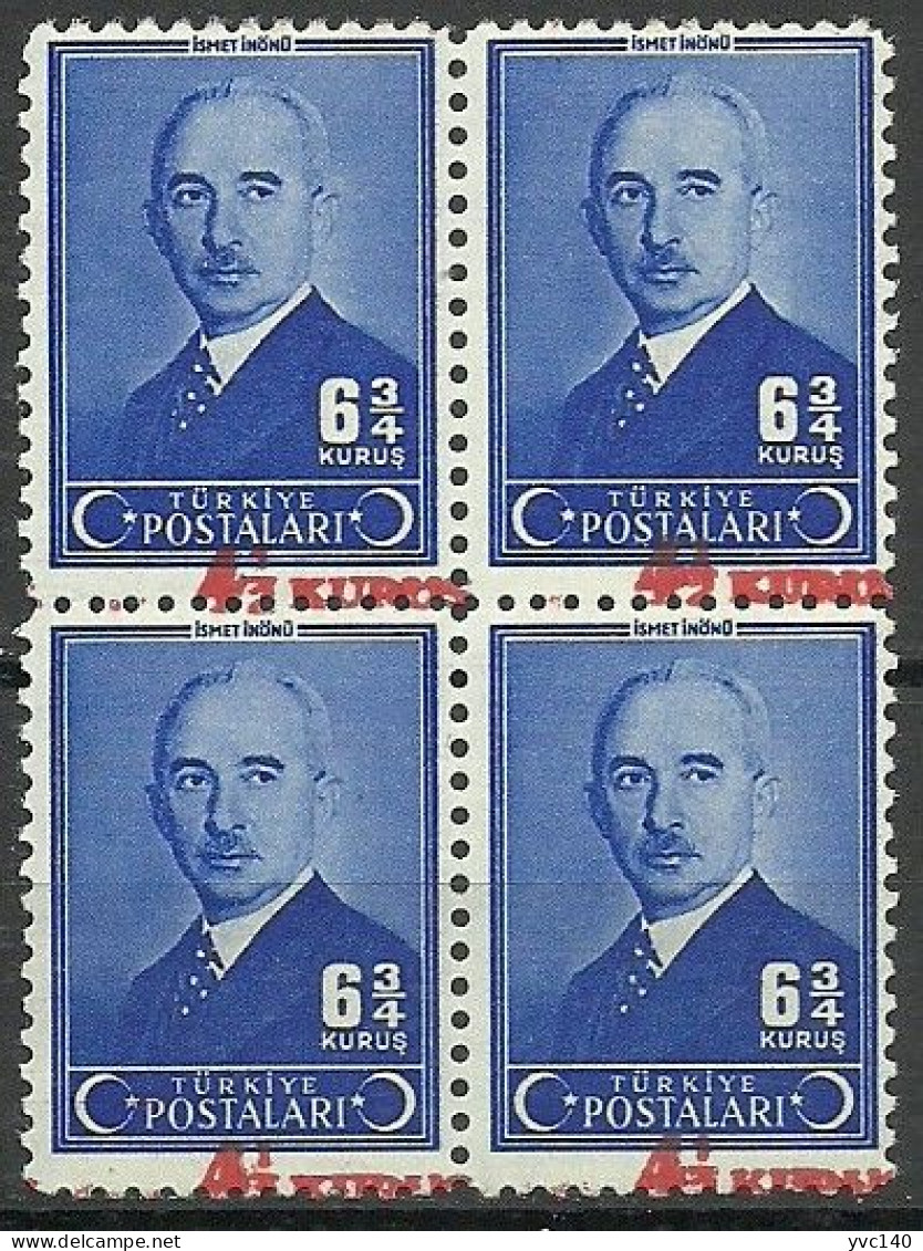 Turkey; 1943 Overprinted Postage Stamp, ERROR "Shifted Surcharge" Block Of 4 - Unused Stamps