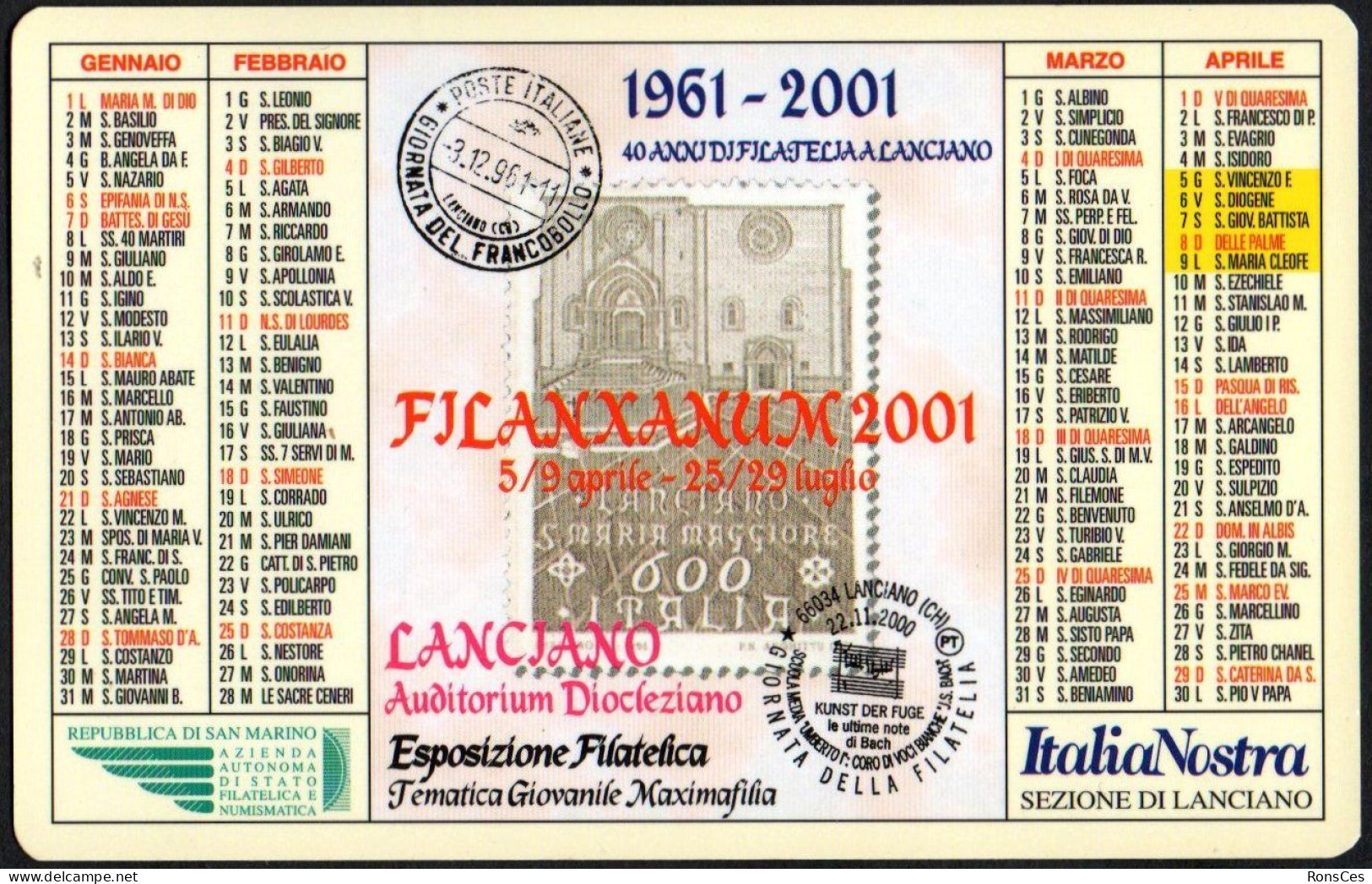 ITALIA 2001 - CALENDARIO TASCABILE - 1961-2001 40 ANNI DI FILATELIA A LANCIANO - FILANXANUM 2001 - I - Klein Formaat: 2001-...