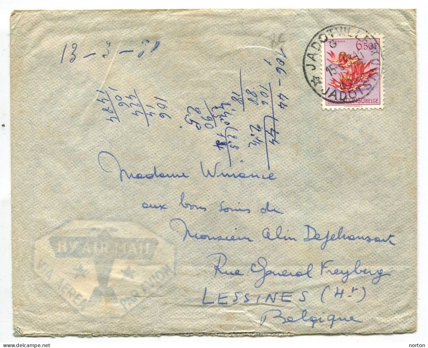 Congo Jadotville Oblit. Keach 12B(G)1 Sur C.O.B. 317 Sur Lettre Vers Lessines Le 15/03/1958 - Storia Postale