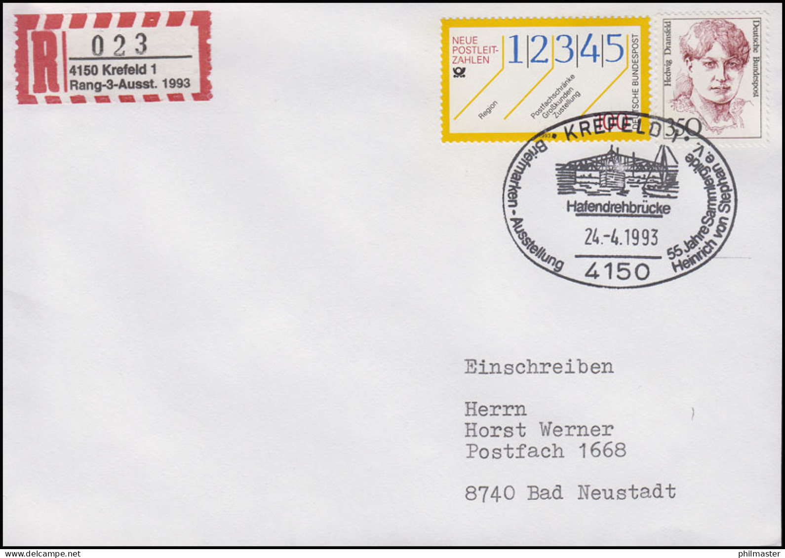 Sonder-R-Zettel 4150 Krefeld Rang-3-Ausst. 1993, R-Bf SSt Krefeld 24.4.1993 - R- & V- Labels