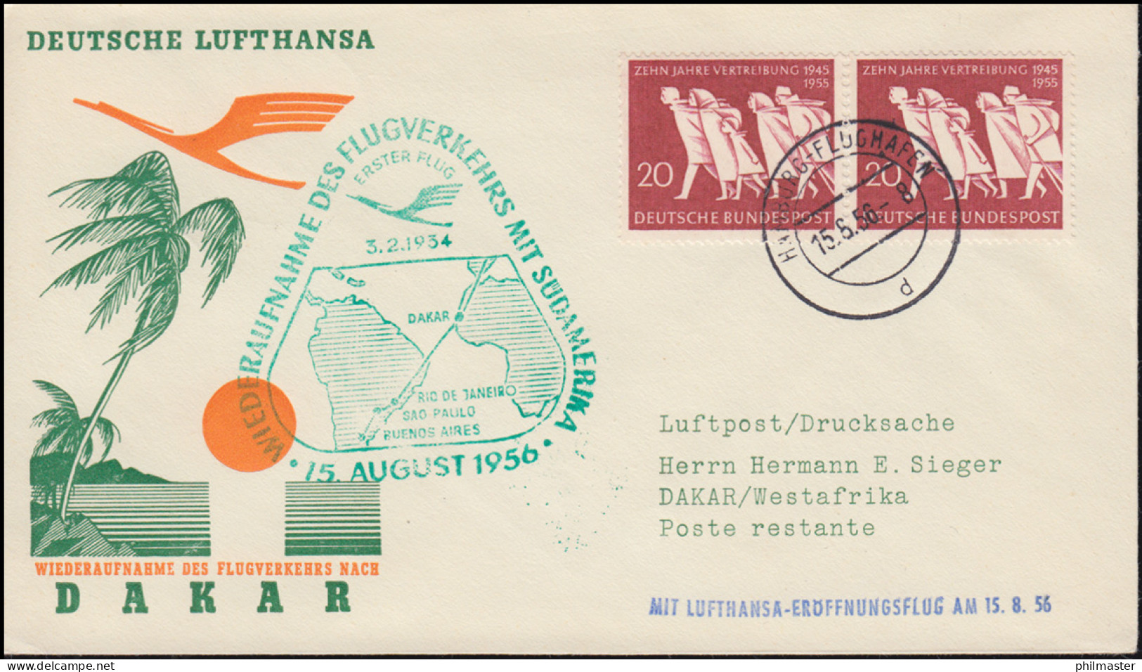 Erstflug Lufthansa Wiederaufnahme Des Flugverkehrs Nach Dakar 15.8.1856 - First Flight Covers