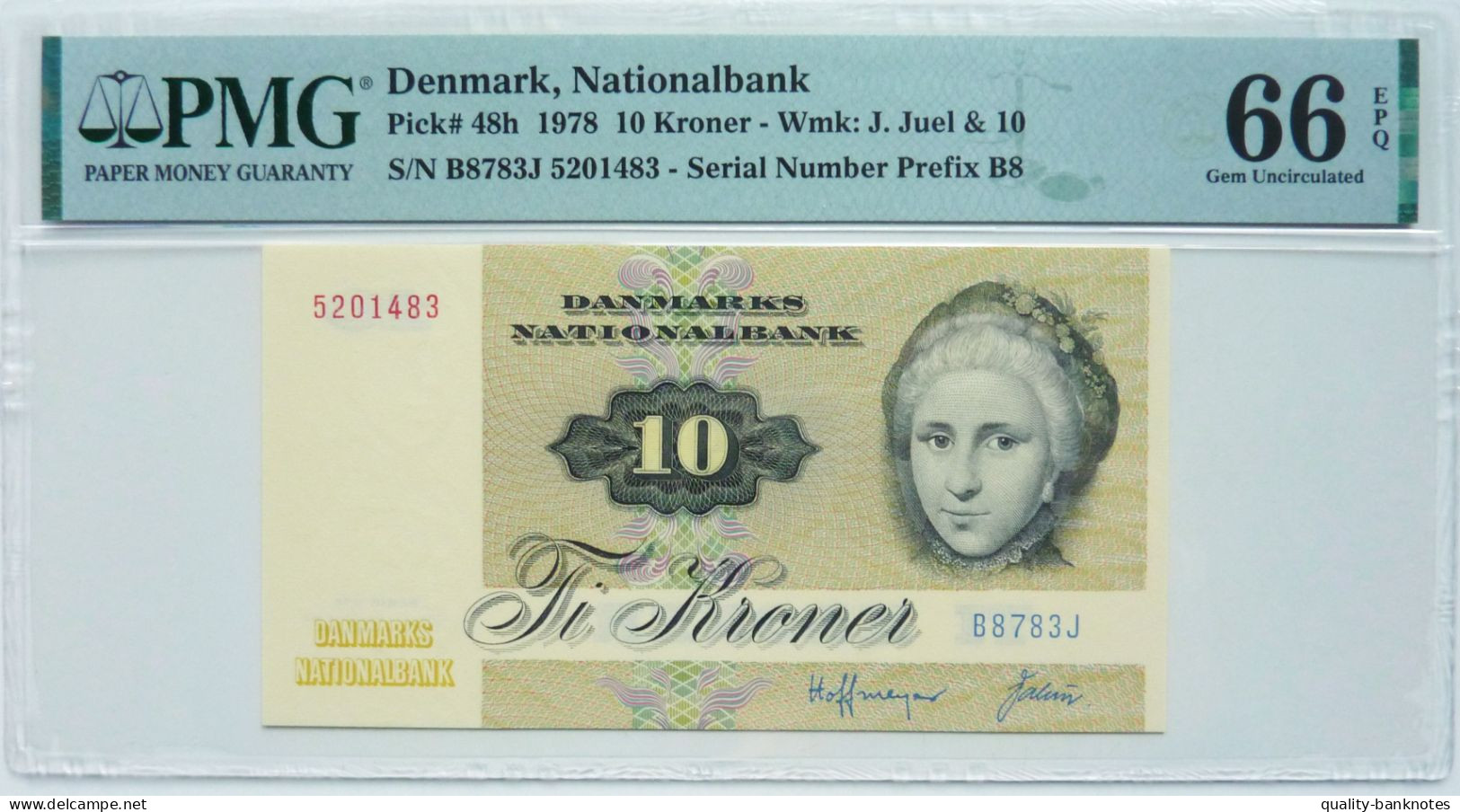 •Q-B• DENMARK 10 KRONER 1978 • P 48 H PREFIX B8 • PMG 66 GEM UNC - Denmark