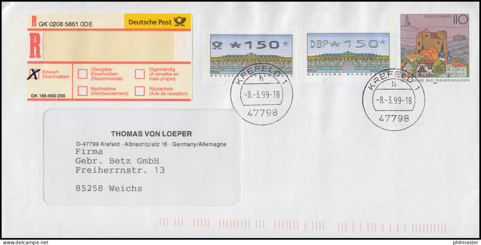 2.2.1 ATM DBP Und 2.2.3 ATM Posthorn Auf USo 2Y Als R-FDC KREFELD 8.3.1999 - Buste - Nuovi