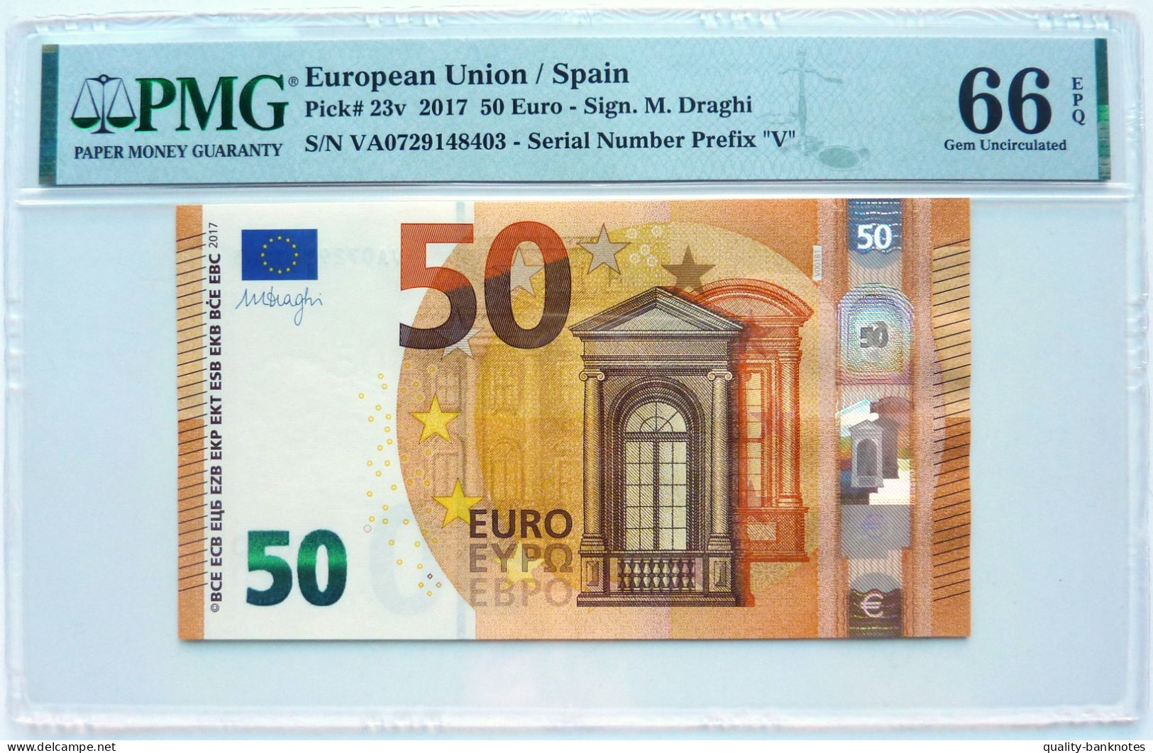 •Q-B• EUROPEAN UNION• SPAIN 50 EURO 2017 • DRAGHI V001 • P 23 V• PMG 66 UNC 2/2 - 50 Euro