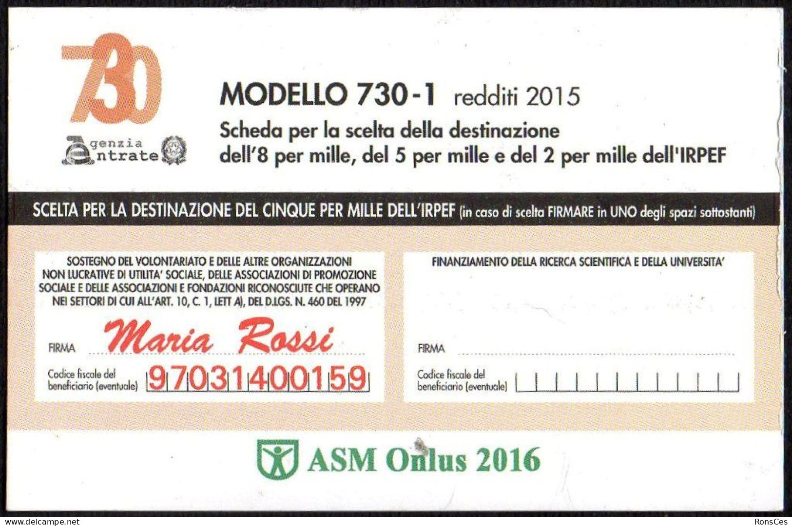 ITALIA 2016 - CALENDARIO TASCABILE - ASM ONLUS - MODELLO 730-1 REDDITI 2015 - SCHEDA DESTINAZIONE 5x1000 - I - Klein Formaat: 2001-...