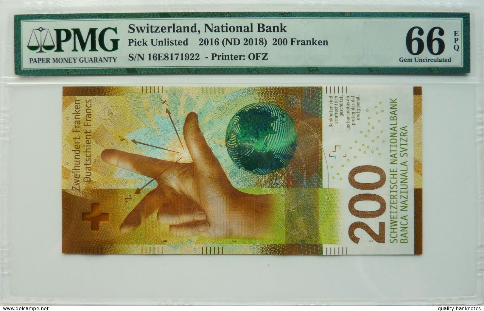 •Q-B• SWITZERLAND 200 FRANKEN 2016 2018 • P 78 Studer & Zurbrügg• PMG EPQ 66 UNC - Suisse