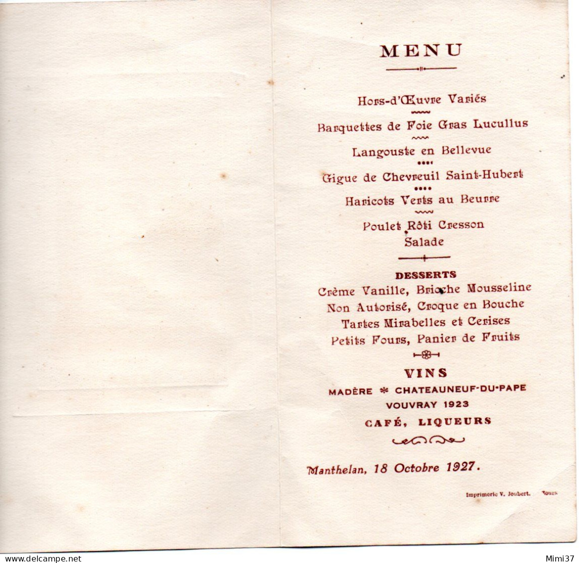 MANTHELAN 37 MENU DU 18 OCTOBRE 1927 FORMAT 7,5 X 14cm  DEUX VOLETS CARTONNES - Menus