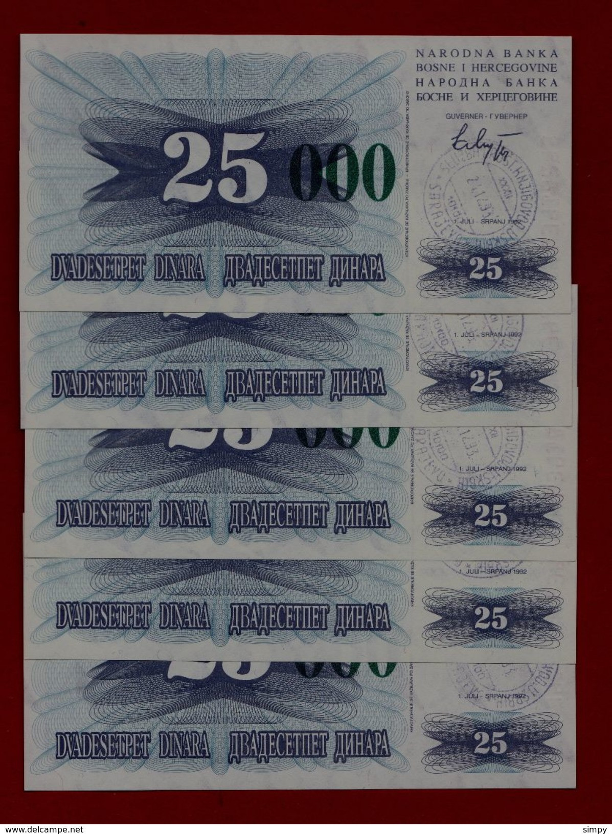 BOSNIA 5x 25.000 Dinara 24.12.1993 UNC Pick 54g   Hand Stamp Sarajevo - Bosnie-Herzegovine