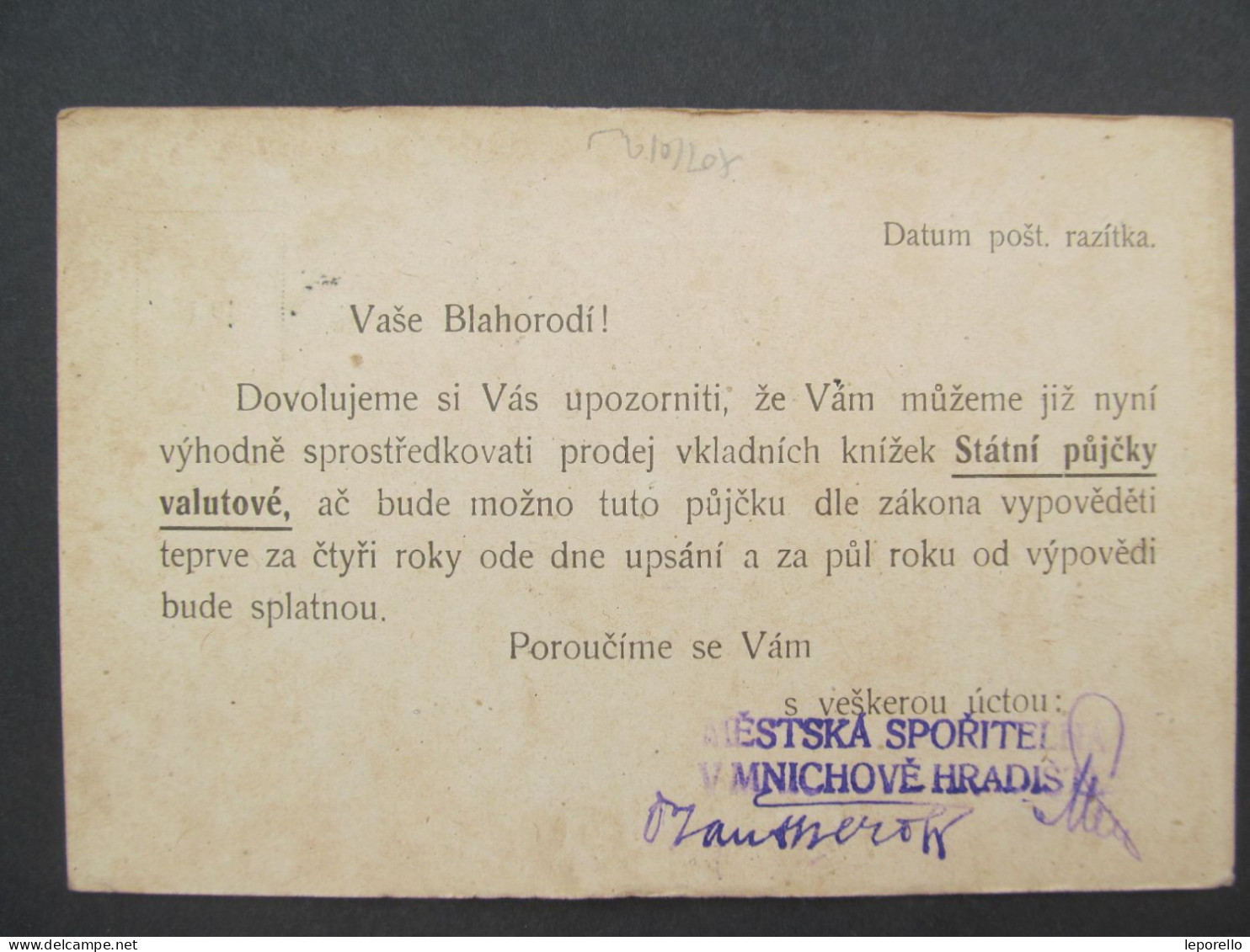 KARTE Mnichovo Hradiště - Neveklovice 1922 Spořitelna // P8202 - Lettres & Documents