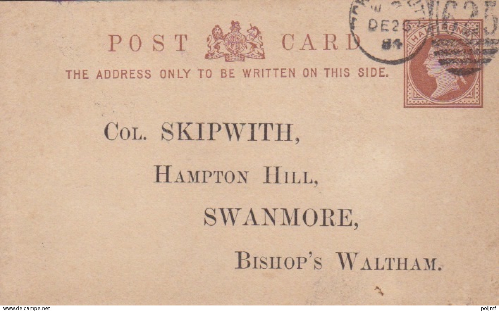 Petit Entier Cartonné Repiqué The Hambledon Hounds Half Penny Brun "Victoria" Obl. 625 Le 25 DE 84 Pour Bishop's - Luftpost & Aerogramme