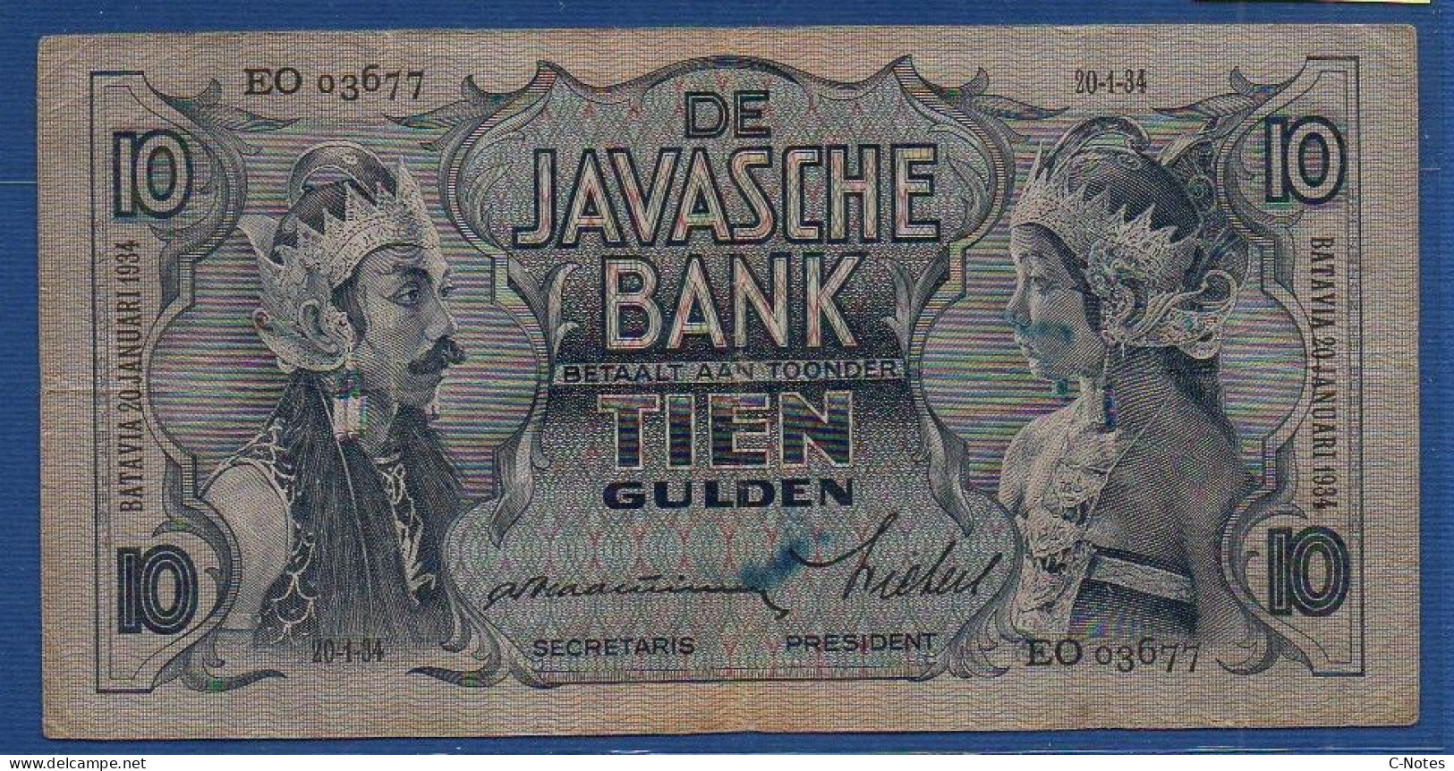 NETHERLANDS INDIES  - P. 79a – 10 Gulden 20.01.1934  F/VF, S/n EO 03677 - Niederländisch-Indien