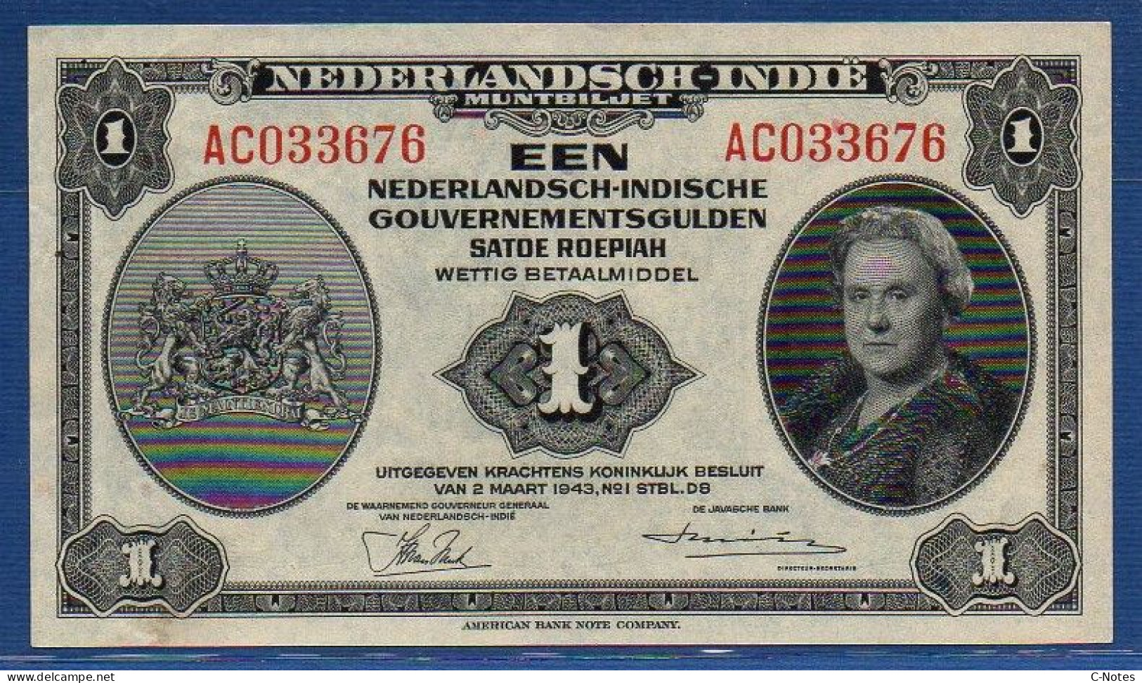 NETHERLANDS INDIES  - P.111a – 1 Gulden L.02.03.1943 VF/XF, S/n AC033676 - Dutch East Indies