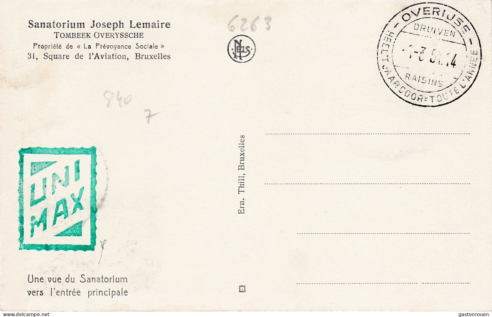 Carte Maximum Belgique 1951 840 Sanatorium Joseph Lemaire Tombeek Overyssche - 1934-1951