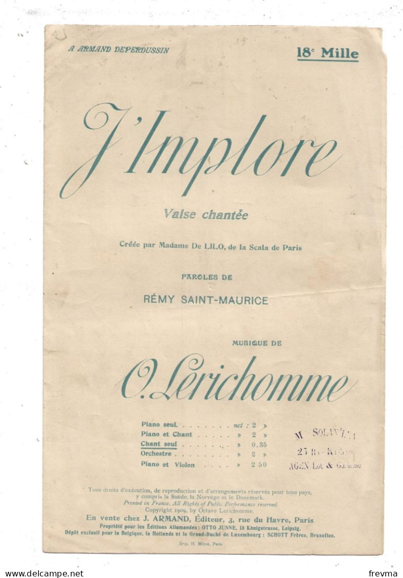 Partition Complete L'implore 1909 Valse Chantée - Compositeurs De Comédies Musicales