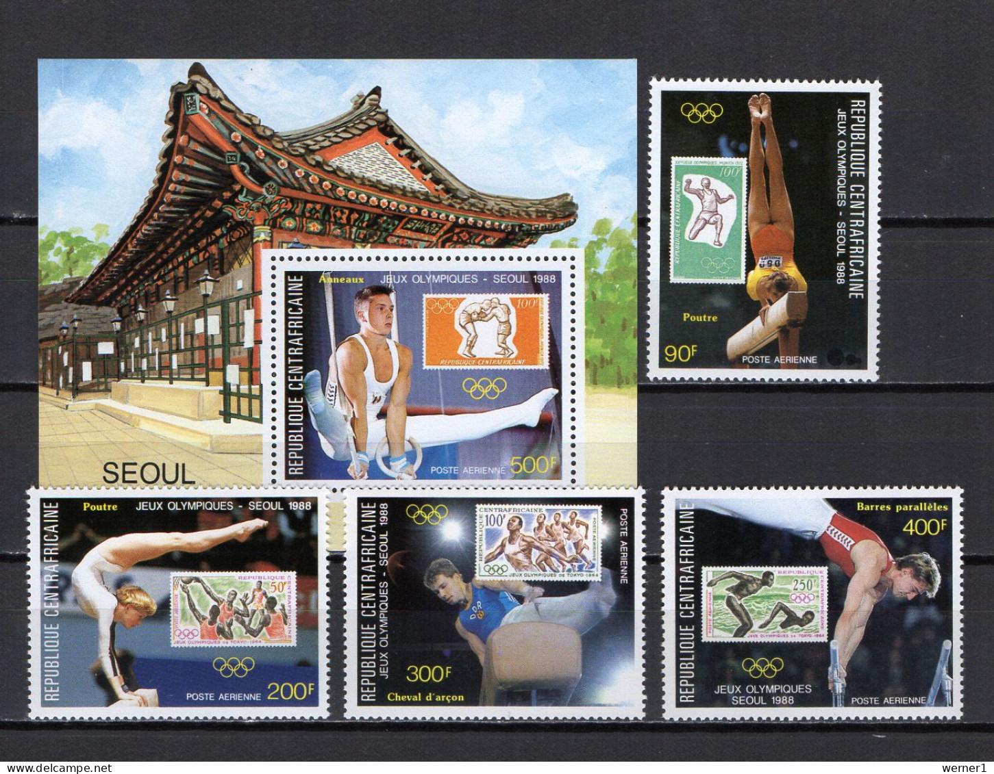 Central Africa 1988 Olympic Games Seoul, Athletics, Stamps On Stamps Set Of 4 + S/s MNH - Ete 1988: Séoul