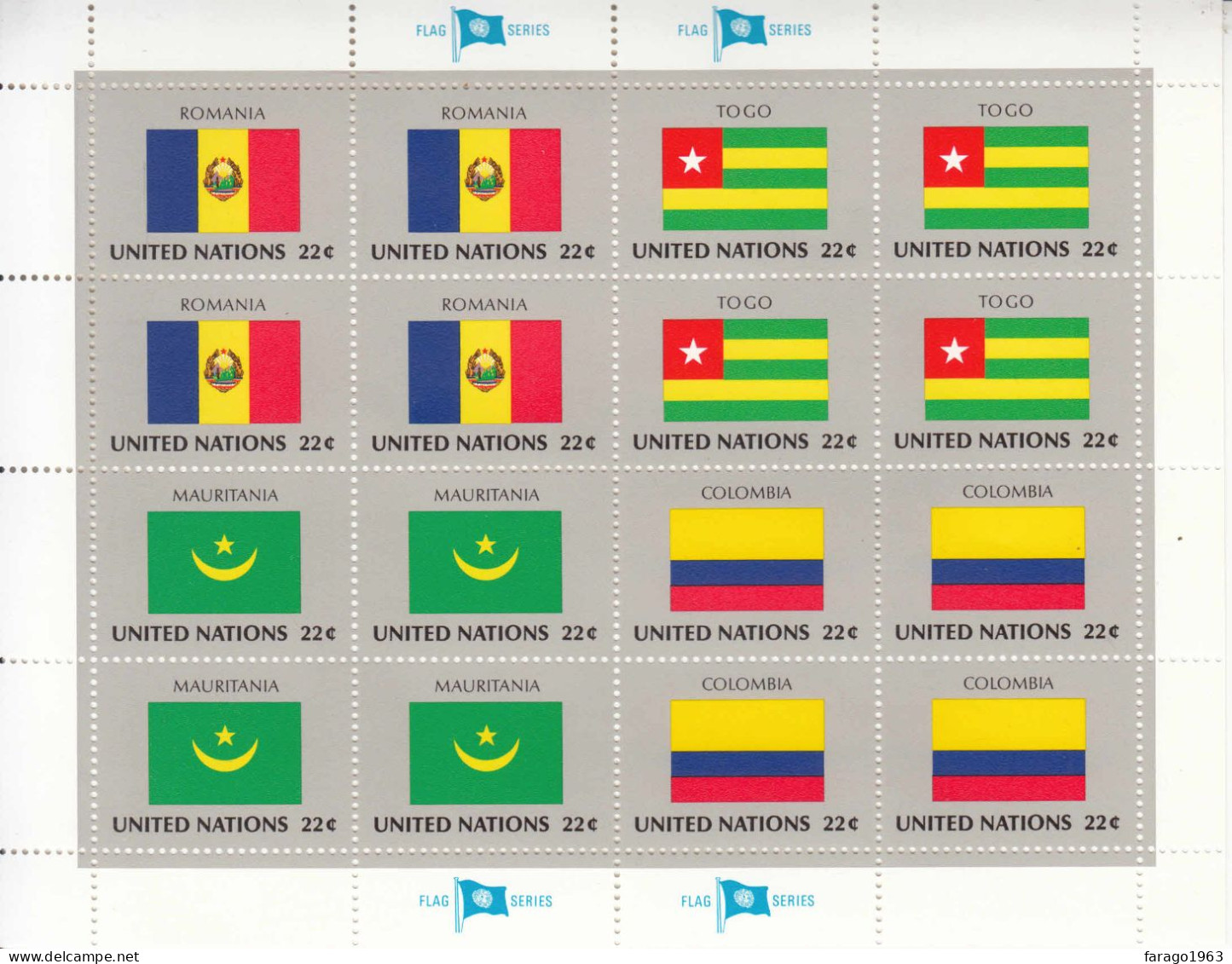 1986 United Nations New York Flags Romania Colombia Miniature Sheet Of 16 MNH - Neufs