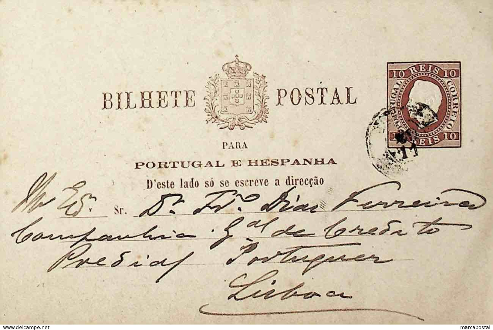 1882 Portugal Bilhete Postal Inteiro  D. Luís Fita Direita 10 R. Castanho-Vermelho Enviado De Lamego (?) Para Lisboa - Entiers Postaux