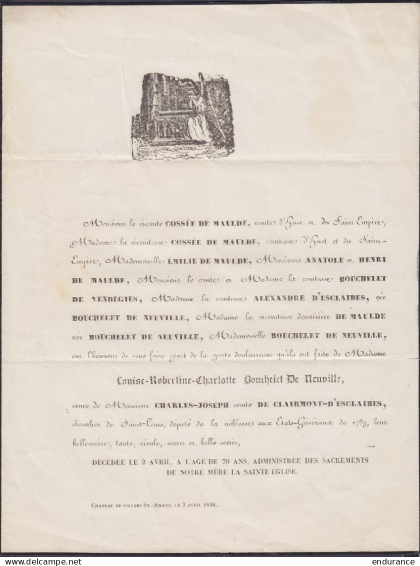 Faire-part De Décès Càd ATH /7 AVRIL 1848 Pour Baron De Warenghien à DOUAI France - [P.P.] - Càd "BELGIQUE / LILLE" & Po - 1830-1849 (Unabhängiges Belgien)