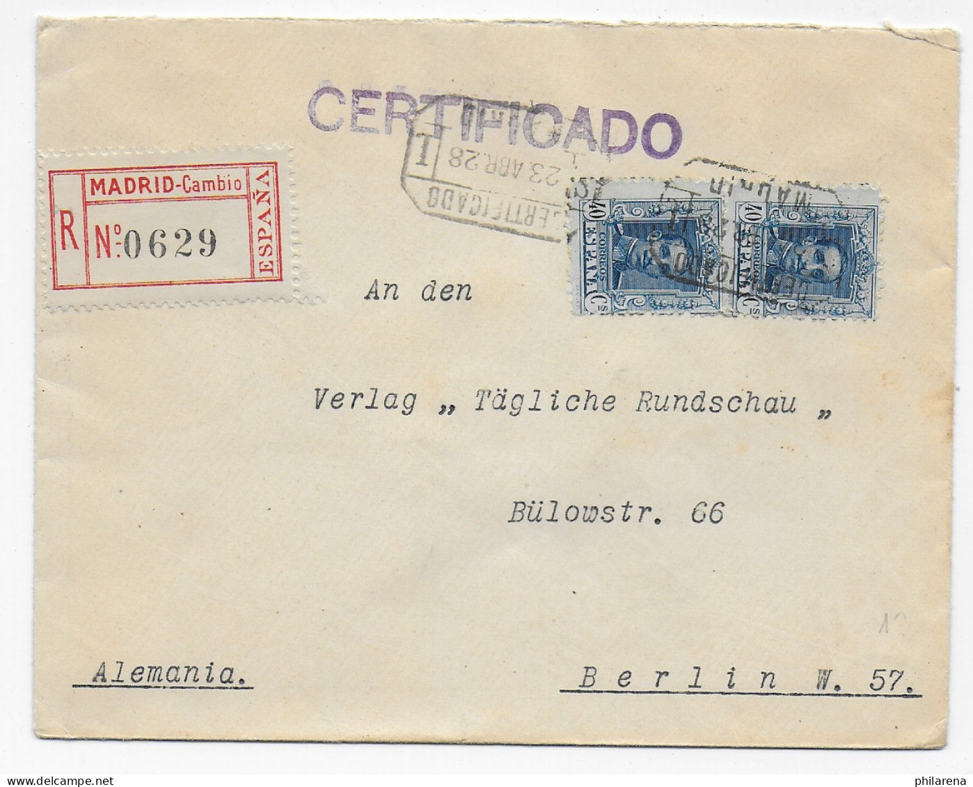 Einschreiben Madrid Nach Berlin, 1928, Certificado - Autres & Non Classés