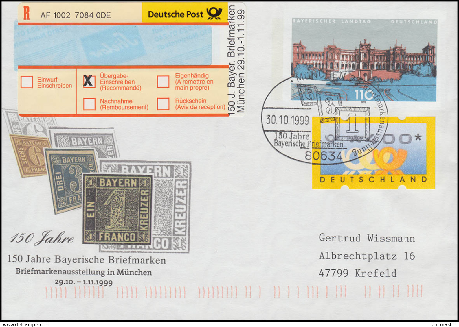 Sonder-R-Zettel Bayrische Briefmarken Auf USo 11, ATM 400 - SSt MÜNCHEN 30.10.99 - Etiquettes 'Recommandé' & 'Valeur Déclarée'