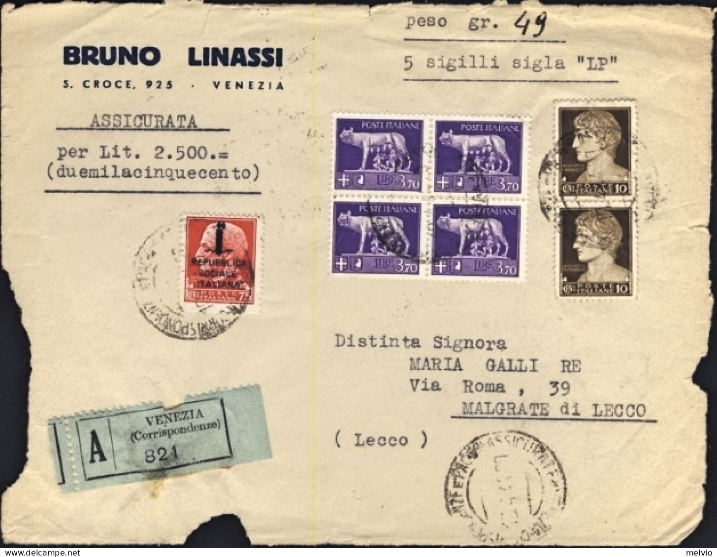 1944-RSI Intero Fronte Di Assicurata Affrancata Con Coppia 10c. + Quartina L.3,7 - Marcophilie