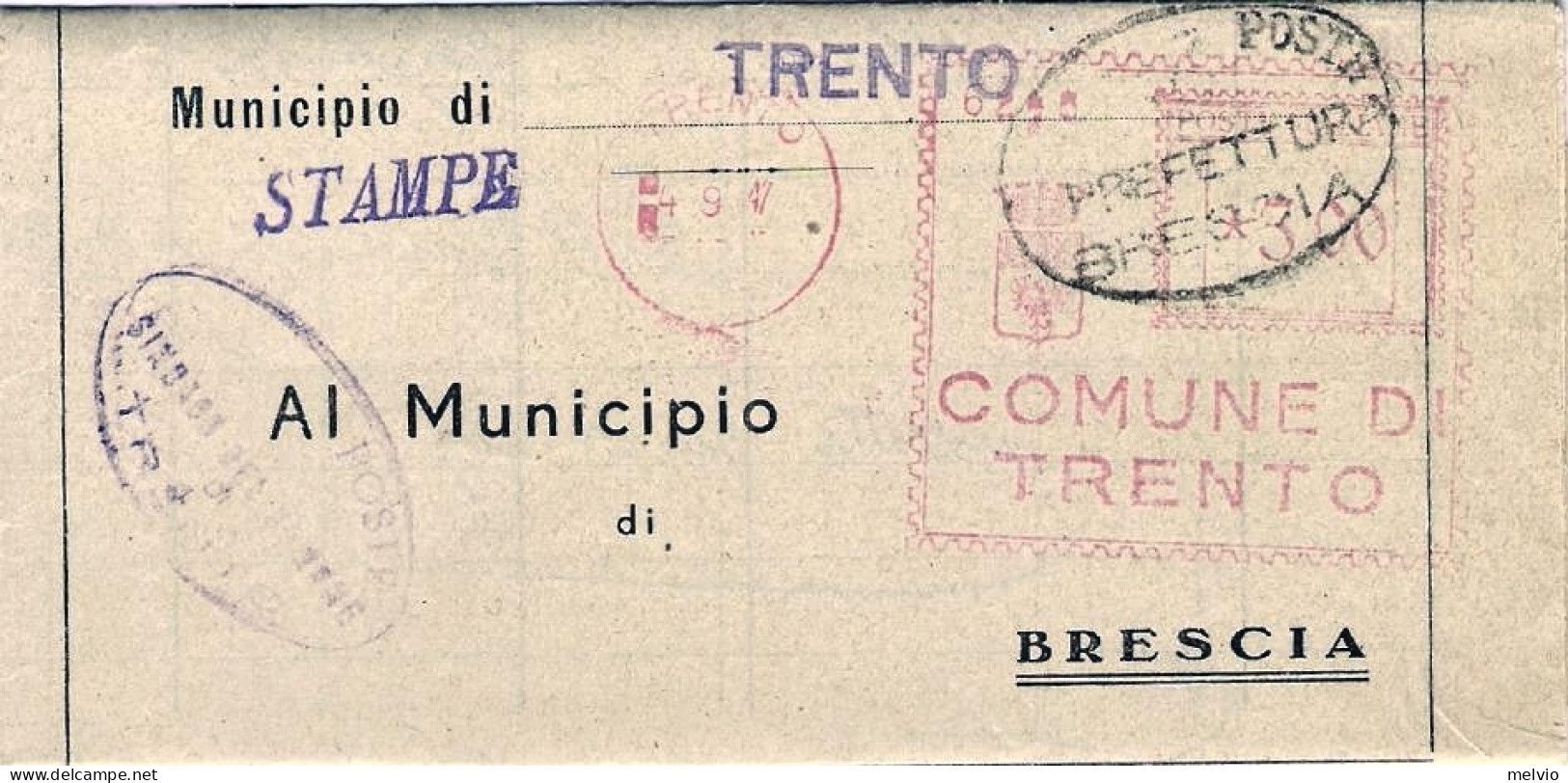 1946-piego comunale affrancatura meccanica rossa del comune di Trento L.3