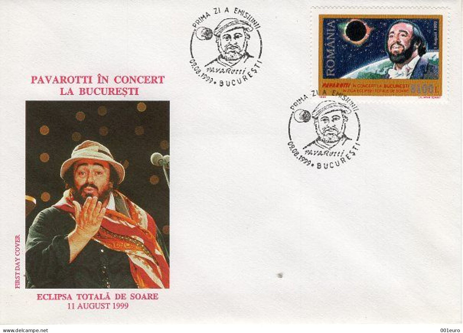 ROMANIA 1999: OPERA TENOR PAVAROTI CONCERT IN BUCHAREST, TOTAL SOLAR ECLIPSE FDC Cover - Registered Shipping! - FDC