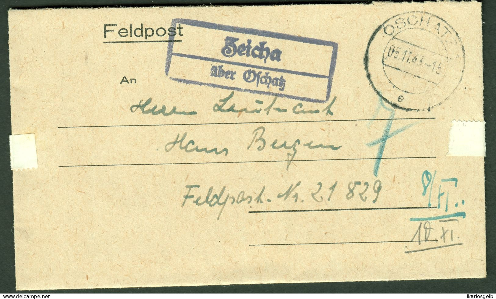 ZEICHA über OSCHATZ 1944 Sauberer LANDPOSTSTEMPEL Blau Auf FELDPOST Faltbrief > FP-# 21829 - Feldpost World War II