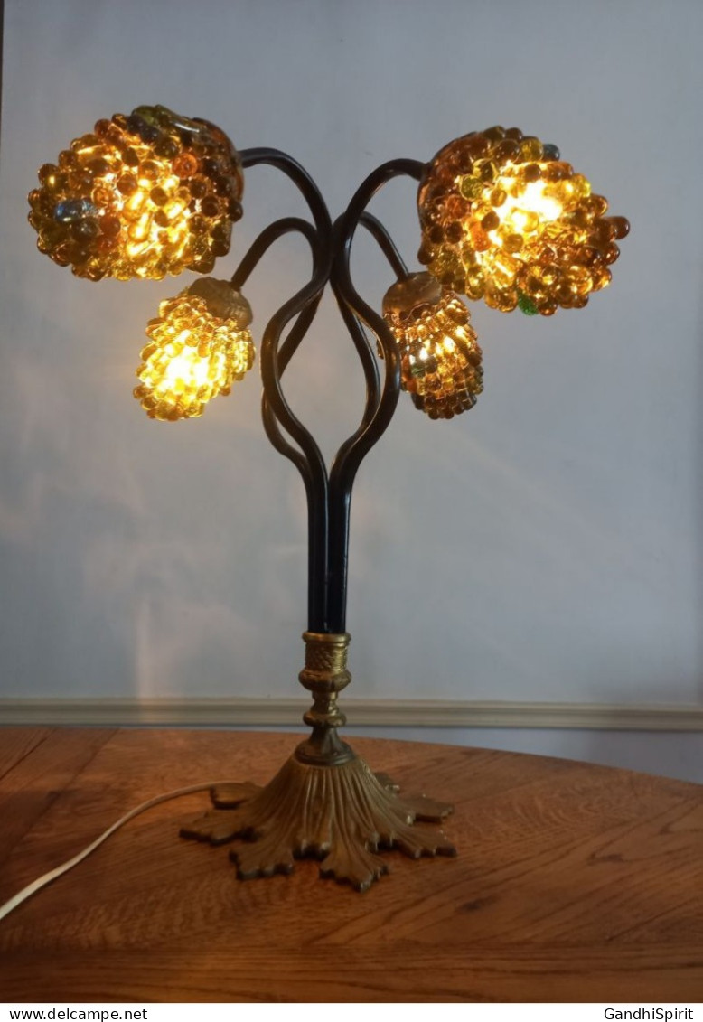 Superbe Lampe En Verre De Murano Modèle Grappe De Raisin à 4 Feux Socle Bronze - Lighting & Lampshades