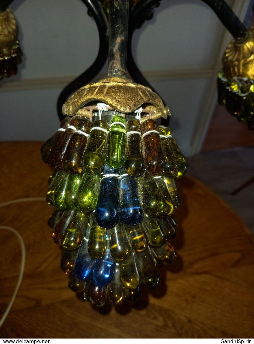 Superbe Lampe en Verre de Murano Modèle Grappe de Raisin à 4 Feux Socle Bronze