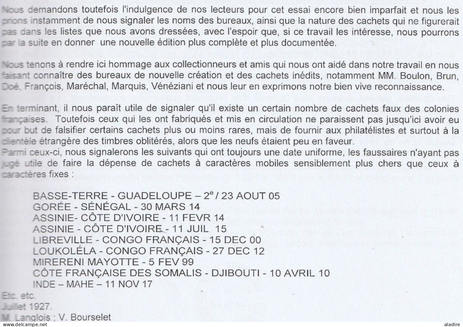 1927 - LANGLOIS Et BOURSELET - Les Oblitérations Des Bureaux De Poste Des COLONIES FRANCAISES - Colonies And Offices Abroad