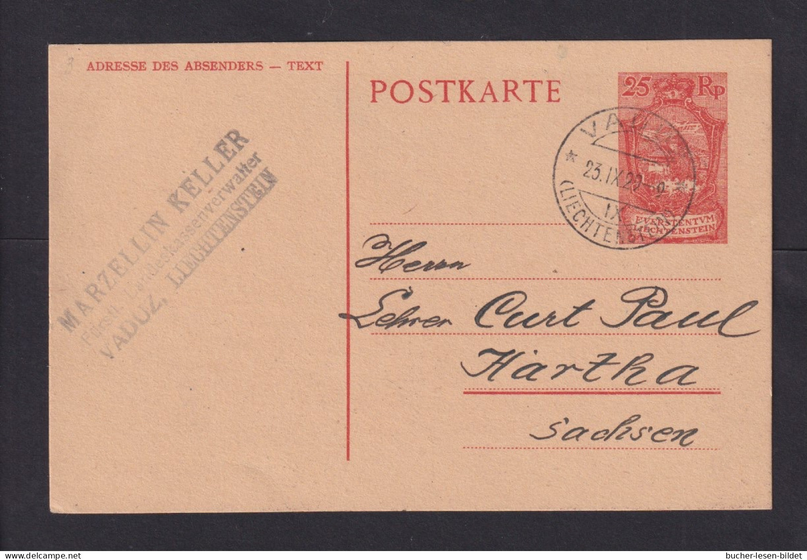 1929 - 25 Rp. Ganzsache (P 3) Ab Vaduz Nach Sachsen - Briefe U. Dokumente