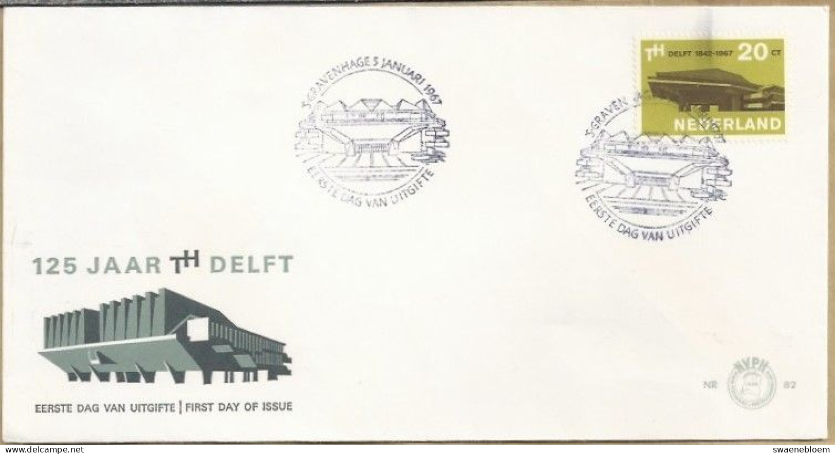 NL.- FDC. NVPH Nr. 82. EERSTE DAG VAN UITGIFTE. FIRST DAY OF ISSUE. 5 JANUARI 1967. - 125 JAAR TH DELFT. - FDC