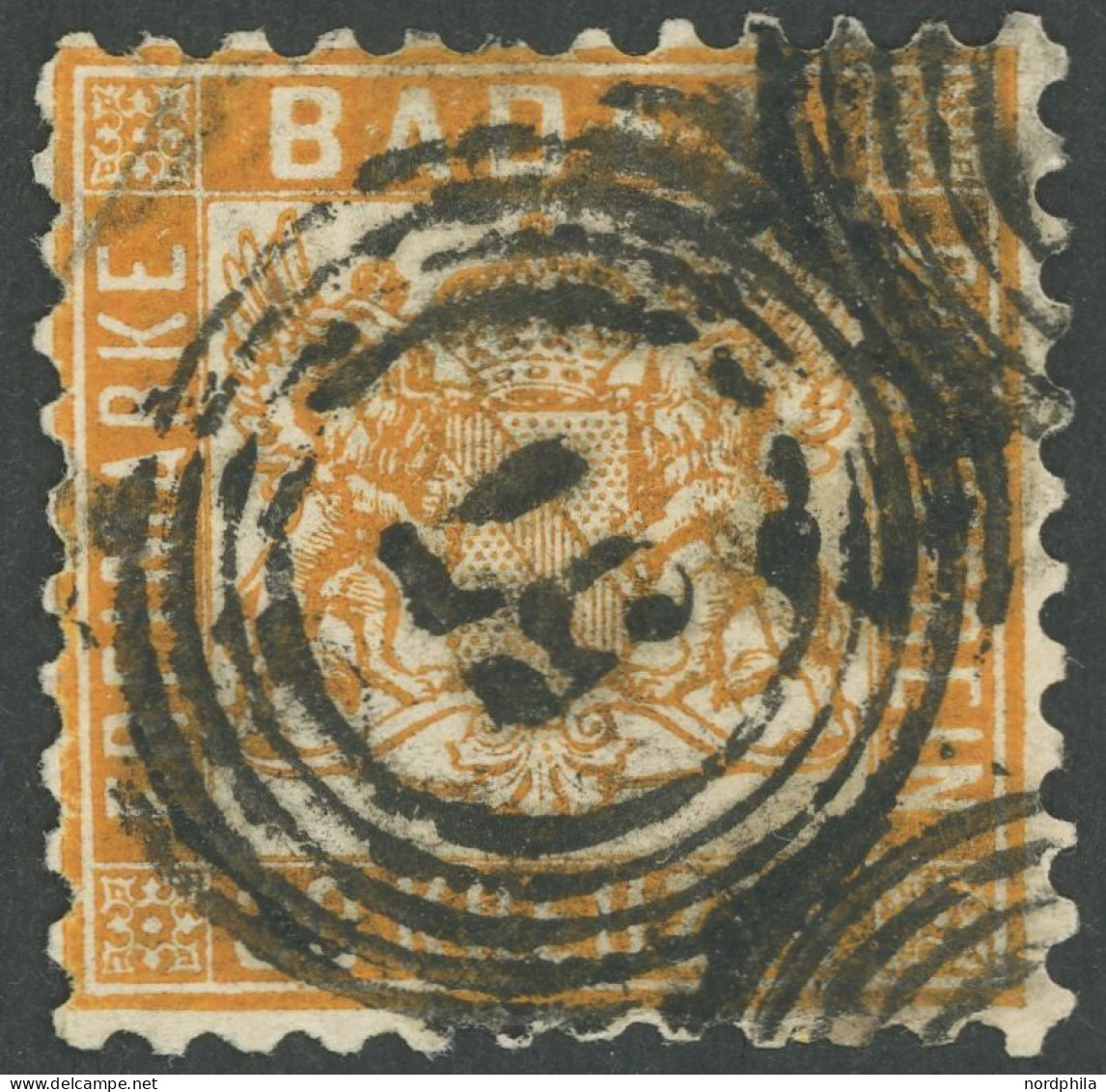 BADEN 22b O, 1862, 30 Kr. Dunkelgelblichorange, Nummernstempel 57, Eckbüge, Feinst, Gepr. U.a. Bühler, Mi. (3000.-) - Used