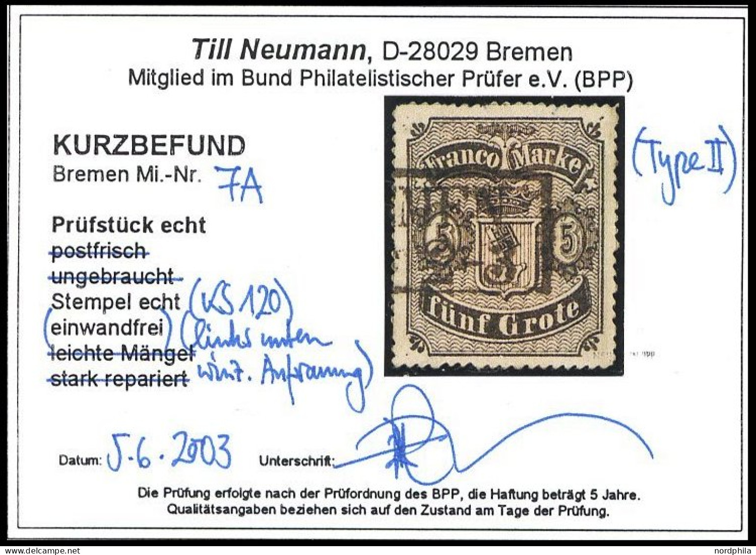 BREMEN 7A O, 1862, 5 Gr. Schwarz Auf Mattgraubraun, Durchstich D 1I, Type II, Feinst, Kurzbefund Neumann, Mi. 300.- - Brême