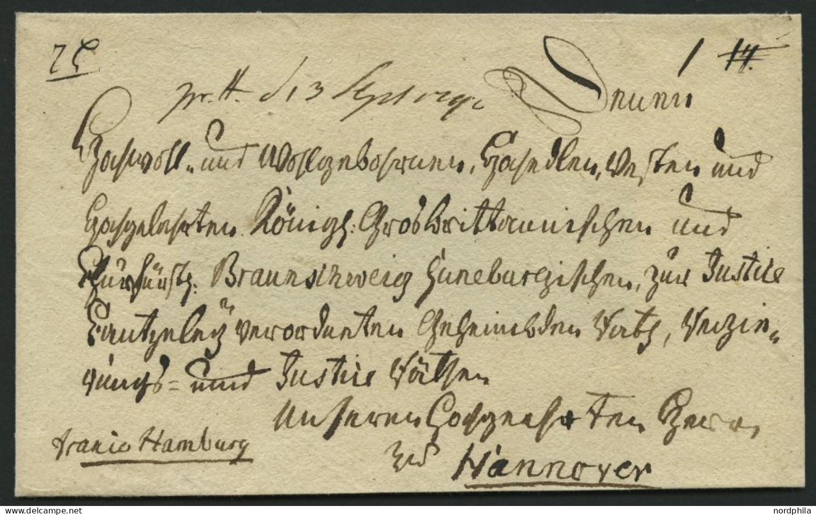 HAMBURG VORPHILA 1792, Interessante Fürstenbriefhülle (nicht Vollständig), Handschriftlich Franco Hamburg Nach Hannover, - Prephilately