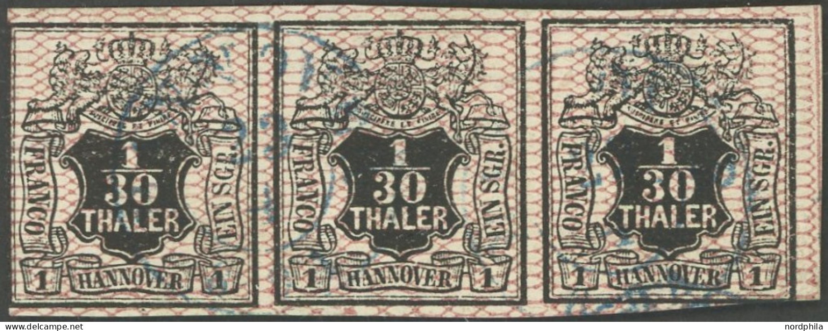 HANNOVER 10a O, 1856, 1/30 Th. Schwarz/rosa Im Waagerechten Dreierstreifen, Feinst (leichte Mängel), Fotobefund Berger,  - Hanovre