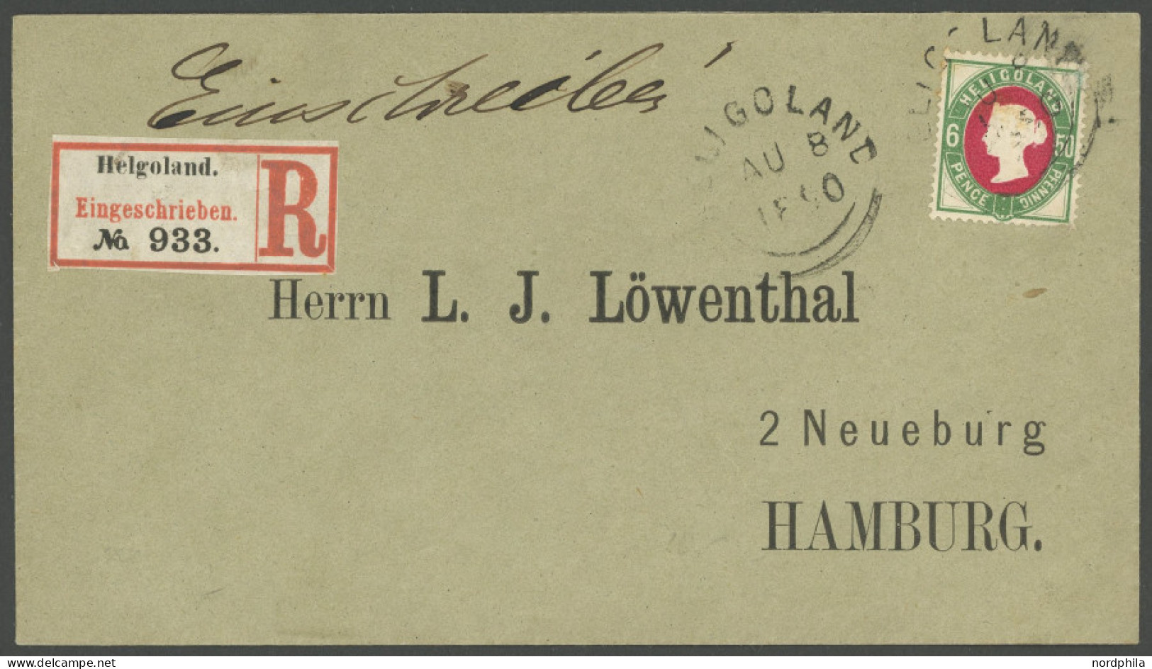 HELGOLAND 16b BRIEF, 1890, 50 Pf. Grün/dunkelkarmin Auf Einschreibbrief Nach Hamburg, Kleiner Zahnfehler Sonst Prachtbri - Héligoland