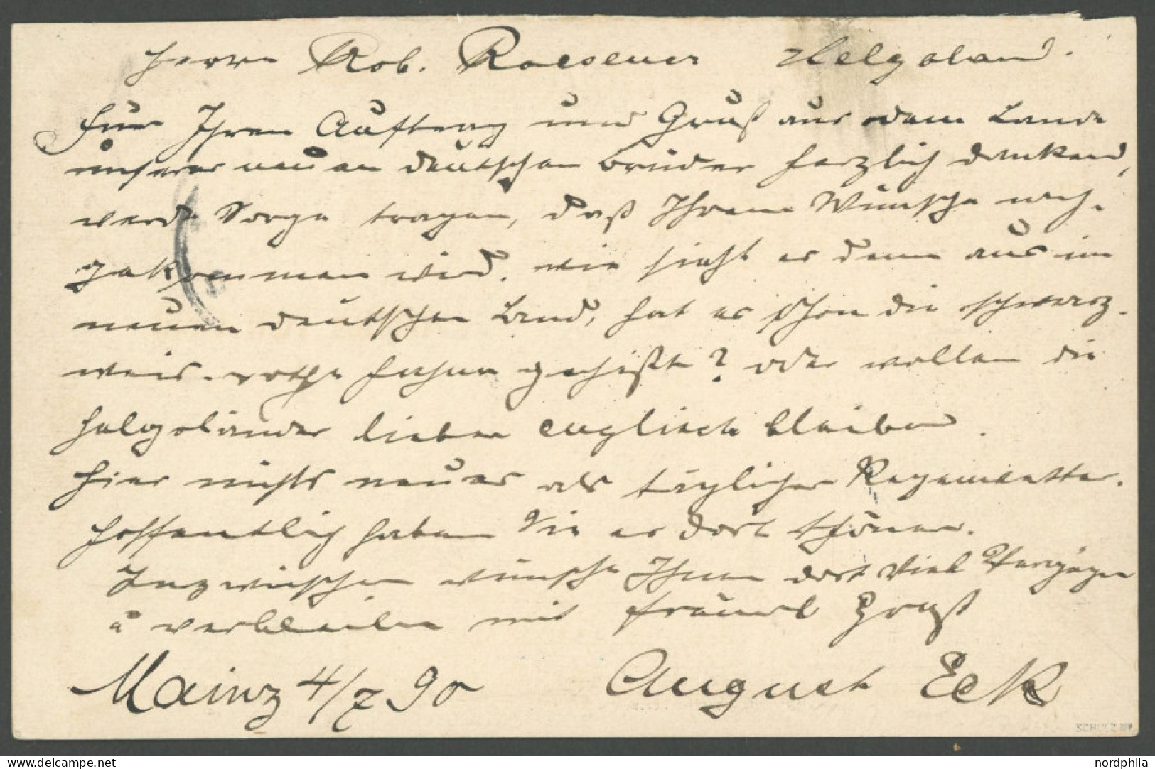 HELGOLAND P 7A BRIEF, 1890, 10 Pf. Grauschwarz, Antwortteil Von MAINZ 3 Nach Helgoland, Pracht, R!, Gepr. Schulz - Héligoland