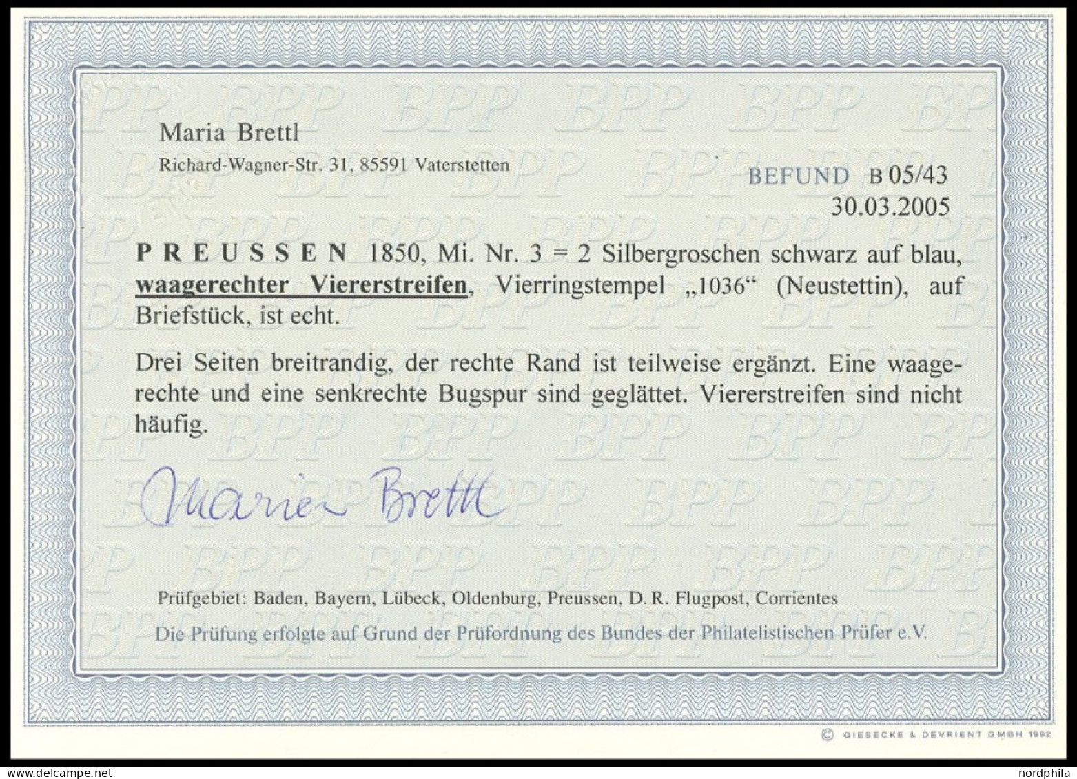 PREUSSEN 3 BrfStk, 1850, 2 Sgr. Schwarz Auf Blau Im Waagerechten Viererstreifen Auf Briefstück, Nummernstempel 1036 (Neu - Autres & Non Classés