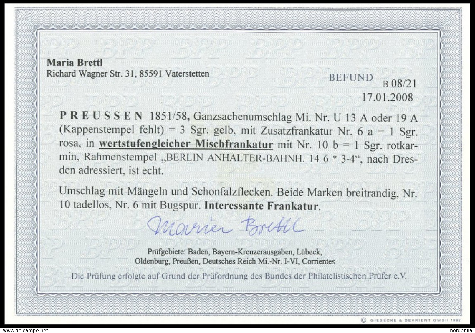 PREUSSEN 6a,10b BRIEF, 1857, 1 Sgr. Rosa, Wertstufengleiche Mischfrankatur Auf 3 Sgr. Gelb Ganzsachenumschlag (rückseiti - Sonstige & Ohne Zuordnung