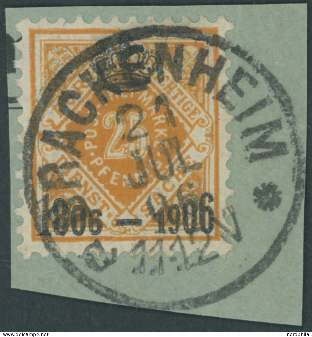 WÜRTTEMBERG 111 BrfStk, 1906, 25 Pf. Dunkelgelblichorange, K1 BRACKENHEIM, Postabschnitt, Prachtbriefstück, Mi. (90.-) - Autres & Non Classés