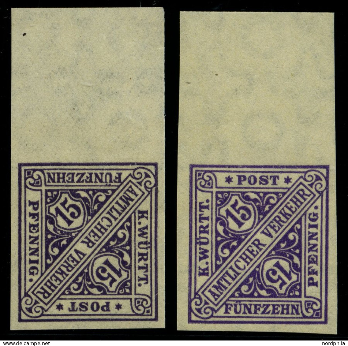 WÜRTTEMBERG 252PU , 1917, 15 Pf. Violettschwarz (2 Verschiedene Farben!), Ungezähnt, Mit Oberrand, 2 Prachtwerte (1x Lei - Mint