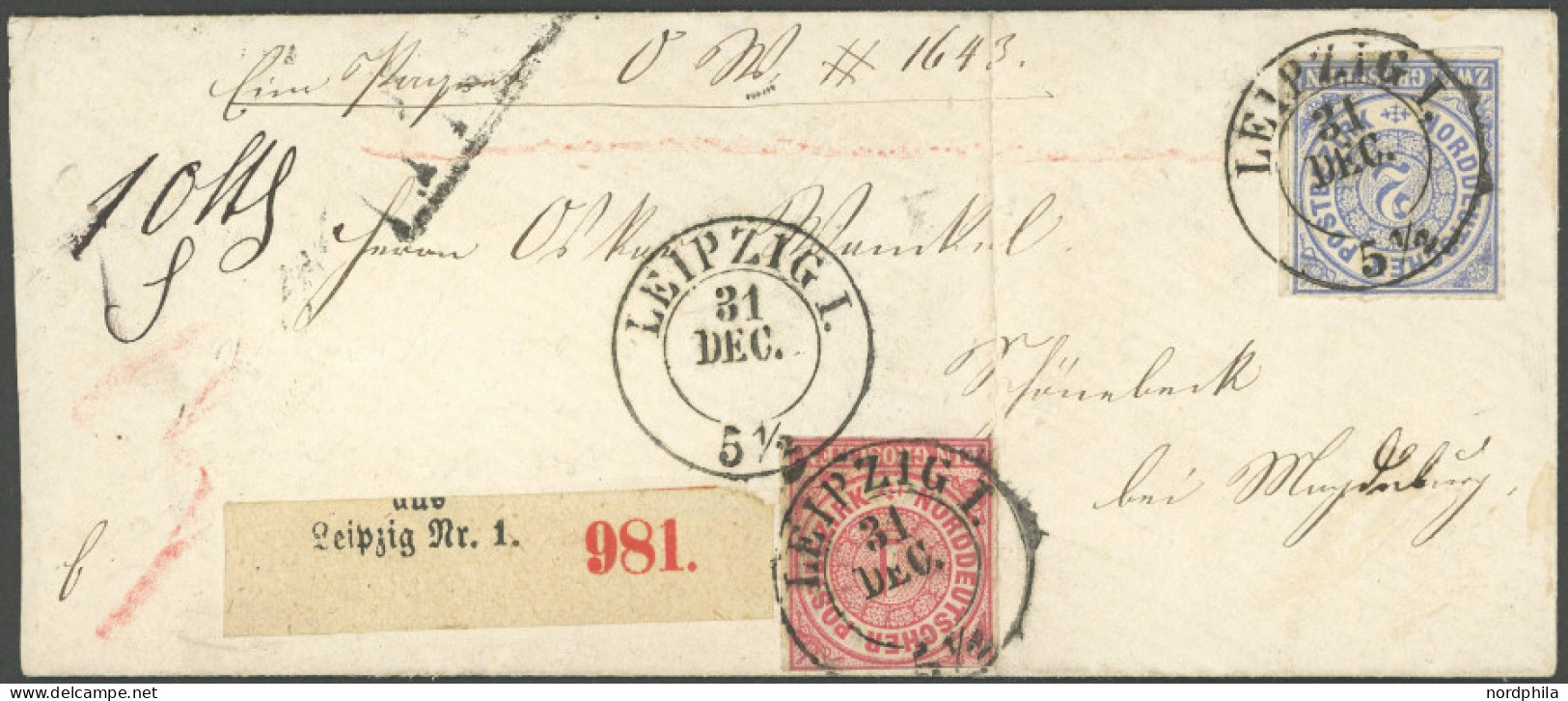 NDP 4/5 BRIEF, 1868, 1 Gr. Mittelrötlichkarmin Und 2 Gr. Blau Mit K2 LEIPZIG I. (ohne Jahreszahl) Auf Paketbegleitbrief  - Covers & Documents