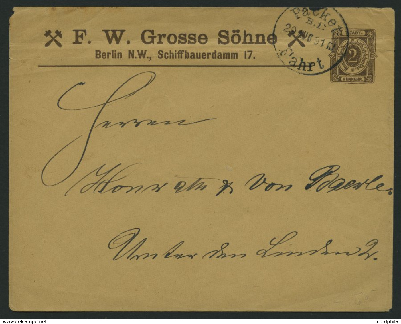 BERLIN B U BRIEF, PACKETFAHRT GESELLSCHAFT: 1891, 2 Pf. Braun, Privater Ganzsachenumschlag Von F.W. Grosse Söhne, Bedarf - Private & Local Mails