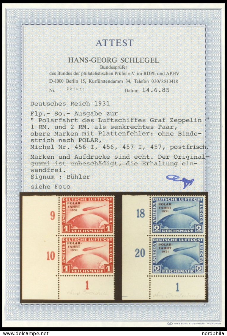 Dt. Reich 456/7I , 1931, 1 Und 2 RM Polarfahrt In Senkrechten Paaren Aus Der Linken Unteren Bogenecke, Die Oberen Marken - Otros & Sin Clasificación