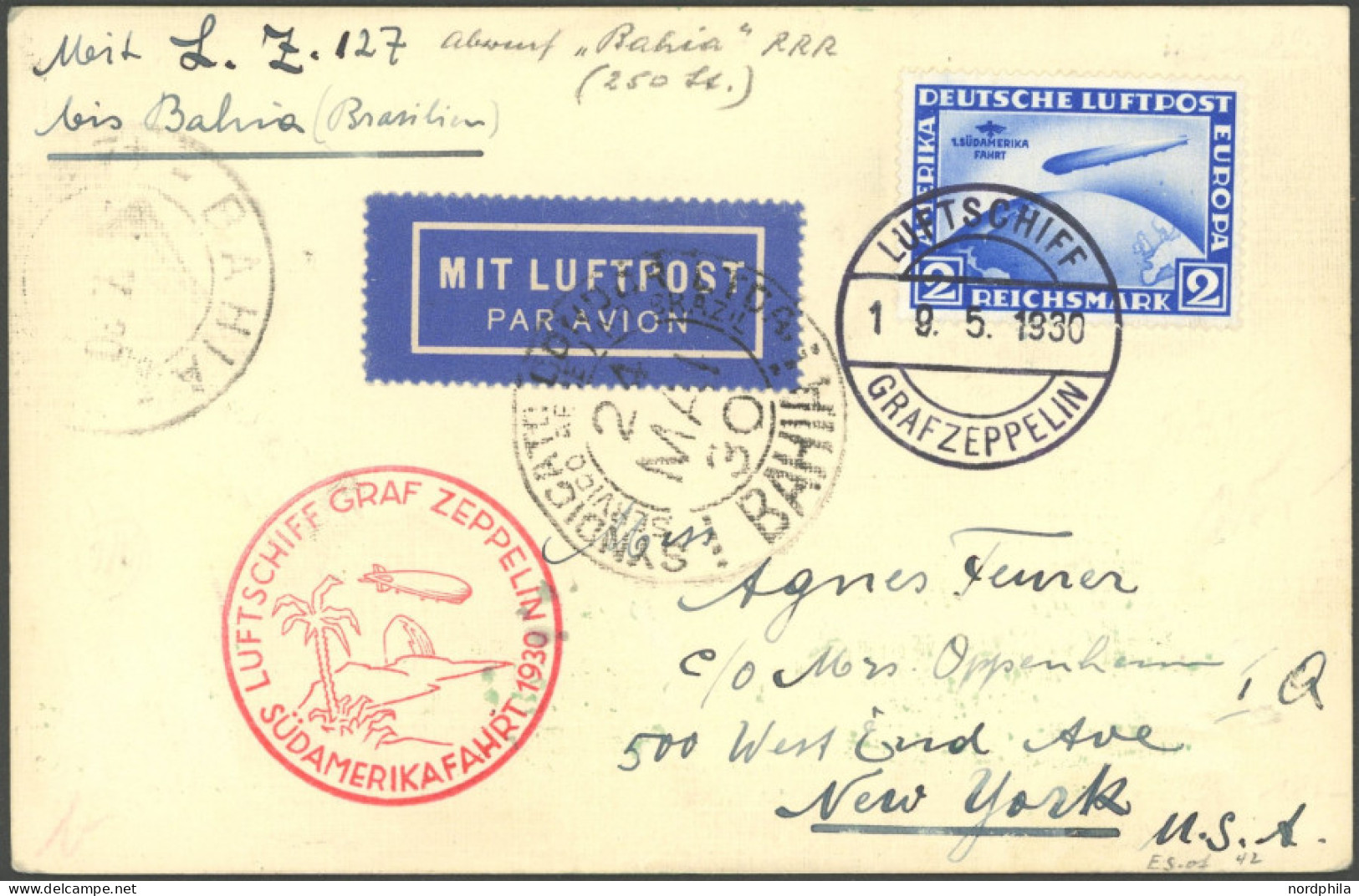 ZEPPELINPOST 57D BRIEF, 1930, Südamerikafahrt, Bordpost, Friedrichshafen-Bahia, Prachtkarte - Luft- Und Zeppelinpost