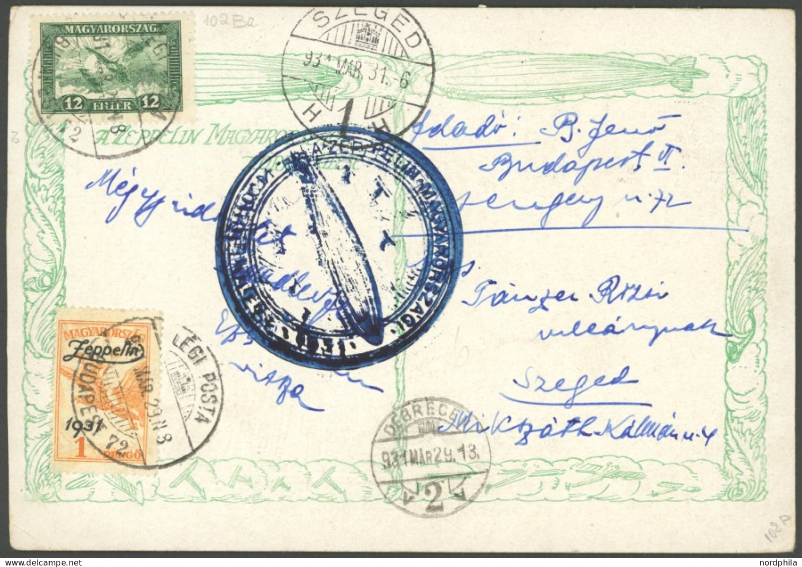 ZEPPELINPOST 102Ba BRIEF, 1931, Ungarnfahrt, Ungarische Post, Abwurf Debreccen, Mit Zeppelinmarke Zu 1 P., Prachtkarte ( - Luft- Und Zeppelinpost